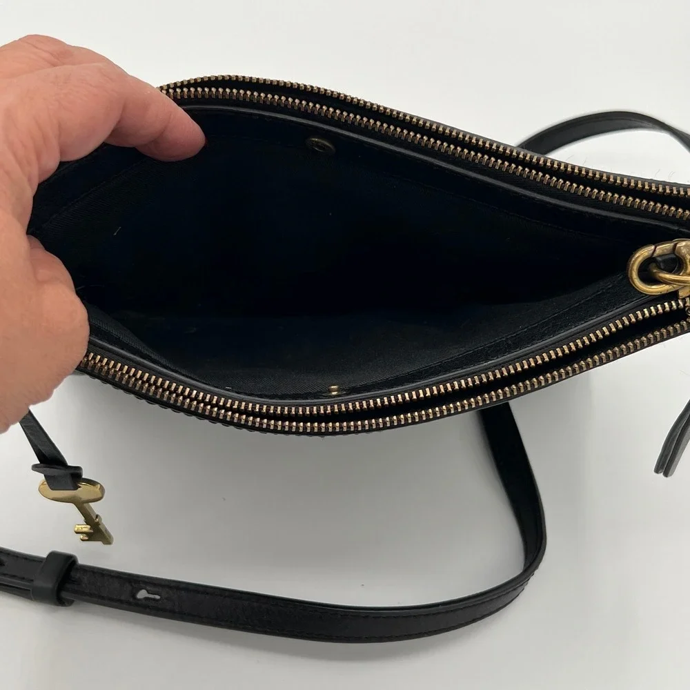 Fossil 1954 Collection Black Leather Crossbody Bag Gold Key Charm Retro Vacation